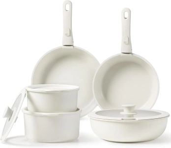 CAROTE Pots and Pans Set Non Stick, Cookware Sets Nonstick, 11pcs Kitchen Set, Oven Safe, Induction Ready, Stackable Non-stick Set with Removable Handle, RV Set with Detachable Handle, Cream White