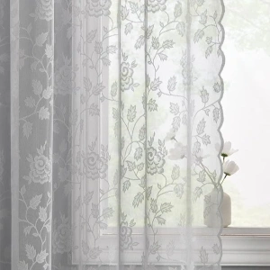 TERLYTEX Grey Lace Curtains 84 Inches Long 2 Panels Set, Rustic Vine Floral Embroidery Gray Sheer Lace Curtains for Living Room, Rod Pocket Privacy Scalloped Lace Window Panels, 52 x 84 Inch, Grey