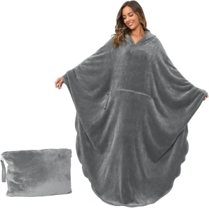 Travel Blanket Flannel Foldable Wearable Blanket with Hood Giant Zippered Pocket Super Soft Cozy for Couch Lovers One Size Fits All Woman Man