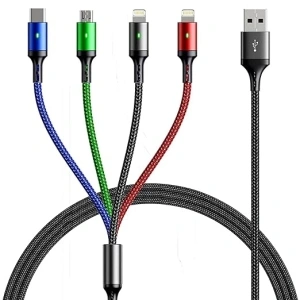 Multi Charging Cable 4A, [5Ft 2Pack] Multi Charger Cord, Braided 4 in 1 Fast Charging Cord, Multi Charger Cable, Multi USB Adapter with IP/Type C/Micro Port for Most Phones iPads PS & More