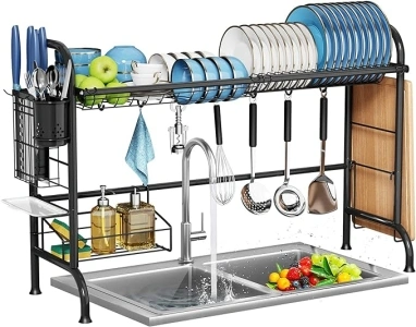 MOUKABAL Stainless Steel Over Sink Dish Drainer Rack, Dish Drying Rack, Dish Rack Over Sink,with Utensil Holder Cutting Board Holder for Kitchen Counter (Black,fit Sink≤33