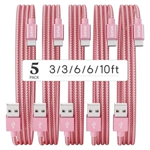 USB C Cable, Premium Nylon Braided USB A to Type C Charger Cable [5-Pack, 3/3/6/6/10FT], Pink USB C Fast Charger Cable for iPhone 15 / iPad, Galaxy S/Note/A, Google Pixel and More