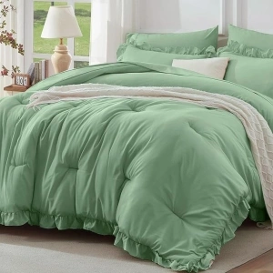 Newspin Ruffle Full Comforter Set, 7 Pieces Queen Bed in a Bag Sage Green, Vintage Solid Shabby Chic Bed Set, Lightweight All Season Bedding Comforter Sets with Comforter, Sheets, Pillowcases & Shams