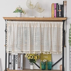 Boho Sheer Lace Valance Curtain Crochet Vintage with Handmade Macrame Tassel Knitted Window Treatment Drape for Bedroom Living Room Kitchen (1 Panel Crochet Beige, 59