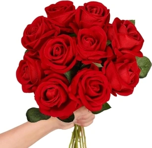 Luyue 10 Pack Artificial Velvet Roses Fake Red Rose Silk Flowers with Stem Floral Gift for Wedding Arrangement Party Home Decor-Red