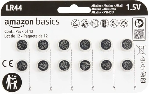 Amazon Basics 12-Pack LR44 Alkaline Button Cell Battery, 1.5 Volt, Long Lasting Power, Mercury-Free