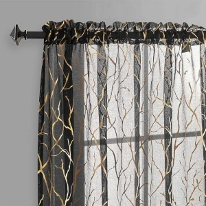 FINECITY Sheer Black and Gold Curtains - Metallic Gold Foil Tree Branch Black Sheer Curtains 84 Inch Length Botanical Theme Black with Gold Window Curtain Panel Set of 2, 52 x 84 Inch, Black Gold