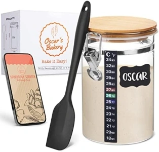 Oscar's Bakery- Glass Sourdough Starter Jar- Sourdough Starter kit contains 30 oz Premium Jar with Digital Recipe & Accessories. Sourdough Crock for Bread Starter-Starter not included