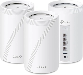 TP-Link Tri-Band WiFi 7 BE10000 Whole Home Mesh System (Deco BE63) - 6-Stream 10 Gbps, 4X 2.5G Ports Wired Backhaul, 4X Smart Internal Antennas, VPN, AI-Roaming, MU-MIMO, HomeShield (3-Pack)