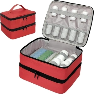 Travel Medicine Organizer and Storage Bag - Double Layers Pill Bottle Organizer Bag for Emergency Medication,Supplements or Medical Kits, Zippered Lockable Empty Medicine Bag for Home (Red, M)