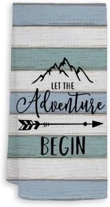 HIWX Let The Adventure Begin Light Blue Strips Decorative Kitchen Towels and Dish Towels,Rustic Adventurer Camper Hand Towels Tea Towel for Bathroom Kitchen Trailer Campsite Decor 16×24 Inches