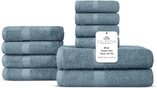 100% Cotton Bath Towel Set of 10-2 Bath Towels, 4 Hand Towels, 4 Wash Cloths, Sustainable, Soft, Highly Absorbent, Combed Cotton 10 Piece Set for Hotels, Spa, Bathroom, Dorm, Blue