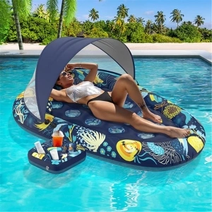 3-in-1 Pool Floats Lounge, Inflatable Pool Floats for Adults with Canopy and Cup Holder