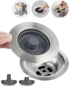 Hibbent Universal 3 in 1 Metal Kitchen Sink Drain Strainer, Upgraded Stainless Steel Drain Stopper Combo, Pop Up Sink Stopper, 3 Anti-Clogging Basket Strainer with Handle for US Standard 3-1/2