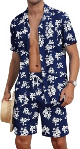 Aulemen Men's Hawaiian 2 Piece Outfit Summer Beach Shorts Sets Floral Pattern Printed Tracksuits