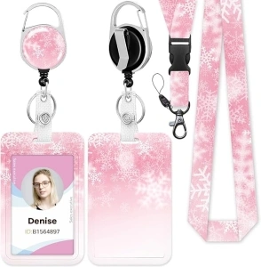 ID Badge Holder with Lanyard, Cute Reel Retractable Heavy Duty and Detachable Name Tag Clips, Pink Snowflake is Fine Lanyards for Id Badges, Nurse Teacher Office Gifts