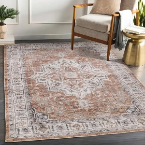 5x7 Area Rugs for Living Room,Stain Resistant Washable Rug,Non-Slip Backing Rugs for Bedroom,Kitchen,Printed Vintage Home Decor Rug (Brown/Grey, 5'x7')