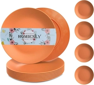 Homienly Flat Dinner Plates Set of 8 Alternative for Plastic Plates Microwave and Dishwasher Safe Wheat Straw Plates Lightweight Plates for kitchen Unbreakable Kids Plates (Orange,9 inch)