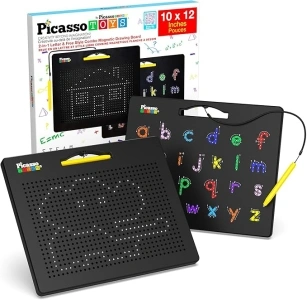 PicassoTiles 2-in-1 Magnetic Drawing Board Toy 12x10 inch Large Magnet Bead Tablet Pad with 2 Facings Alphabet STEM Free Style Educational Erasable & Reusable Learning Writing Playboard in Black PTB04