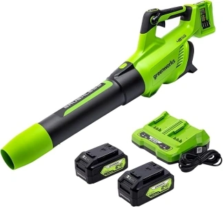 Greenworks 48V (2 x 24V) Cordless Brushless Axial Leaf Blower (140 MPH / 585 CFM / 125+ Compatible Tools), (2) 4.0Ah Batteries and Dual Port Rapid Charger Included