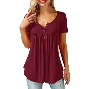 Amoretu Womens Tunic Tops Short Sleeve Henley T Shirts Solid Blouses (Burgundy, M)