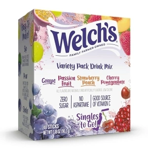 Welch's Singles To Go Variety Pack, Watertok Powdered Drink Mix, Includes 4 Flavors, Grape, Passion fruit, Strawberry Peach, Cherry Pomegranate, 1 Box (40 Servings)