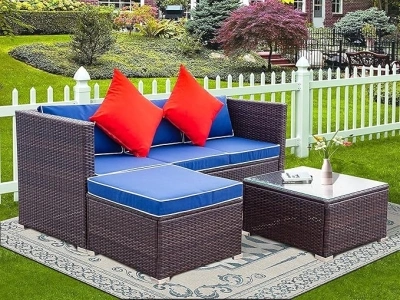 3 Piece Outdoor Patio Conversation Sofa Sectional Furniture Set, Rattan Wicker Garden Corner Couch with Tempered Glass Top Coffee Table and Removable Soft Cushion, Blue+Brown