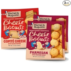 Michel Et Augustin Gourmet Cheese Crackers, Crispy French Shortbread Snack Crackers, Variety Pack: 2 Parmesan and 1 Comté Cheese, Savory Party Crackers, 3-Pack, 3.5 oz Each