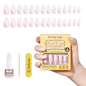 Coffin Press On Nails with Glue,Medium Press on Nail,Nude Nails Press Ons 28pcs+Brush On Nail Glue 10ml,Natural Pink Glitter Shimmer Gradient Nail Art Design,No Gel Nail Lamp Curing Needed