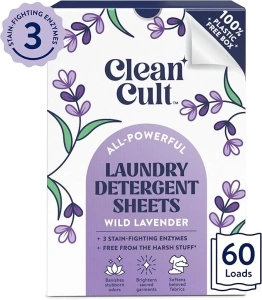 Cleancult Laundry Detergent Sheets - 3 Stain Fighting Enzymes - Concentrated Liquidless Laundry Detergent Sheets - Wild Lavender Scent - 60 Loads - Free of Harsh Chemicals - No Mess - No Plastic Waste