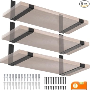 TICONN Shelf Bracket, 6 Pack 1/5'' Thick Metal Shelf Brackets Heavy Duty for Room, Home, Office, Garage (J Type-6 Pack, 8'')