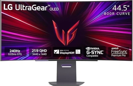 LG 45GS95QE 45-inch Ultragear OLED Curved Gaming Monitor WQHD 800R 240Hz 0.03ms DisplayHDR True Black 400 AMD FreeSync Premium Pro NVIDIA G-Sync HDMI 2.1 DisplayPort Tilt/Height/Swivel Stand Black