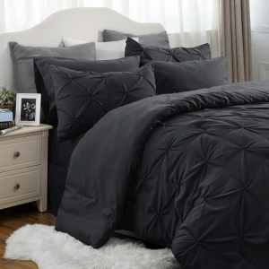 Bedsure Black King Size Comforter Set - Bedding Set King 7 Pieces, Pintuck Bed in a Bag Black Bed Set with Comforter, Sheets, Pillowcases & Shams