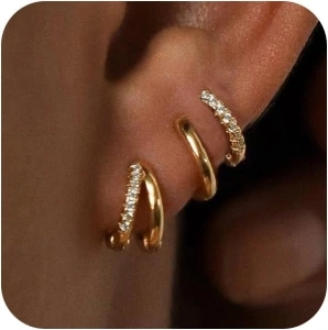 Gold Hoop Earrings Set for Women, 14K Gold Plated Small Double Hoop Earrings Set for Multiple Piercing, Dainty Huggie Earrings for Women