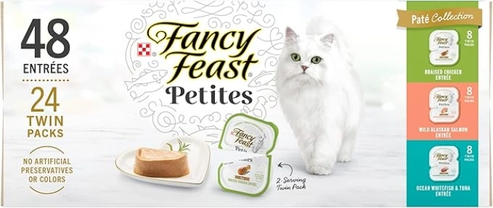 Purina Fancy Feast Gourmet Wet Cat Food Variety Pack, Petites Pate Collection, break-apart tubs, 48 servings - (Pack of 24) 2.8 oz. Tubs