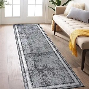 Rugshop Contemporary Distressed Bordered Soft Runner Rug 2'x7' Gray