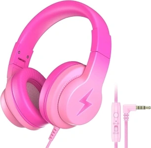 Kids Headphones, Wired Headphones for Kids Over Ear with Microphone, 85/94dB Volume Limiter Headphones for Girls Boys, Foldable Headphones for Learning & Entertainment, Gradient Deep Pink