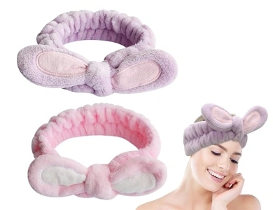 Spa Headbands for Washing Face Makeup Headbands for Women, Skincare Plush Bow Hair Bands 2 Pack (Pink & Purple)