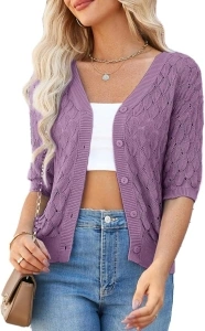 GRACE KARIN Women's Summer Short Sleeve Cropped Cardigan Sweaters Crochet Knit Shrug Open Front V-Neck Button up Tops