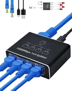 Ethernet Splitter 1 to 4, 1000Mbps High Speed Ethernet Cable Splitter with LAN Cable Cat 6 [4 Devices Simultaneous Networking], Gigabit RJ45 LAN Network Extension for Cat8/7/6/5e/5 Cable