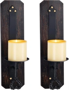 Wall Sconce Candle Holder Wall Mounted Metal and Wooden Candle Holders Home Decoration Wall Mounted Decorative Candle Holder, Set of 2