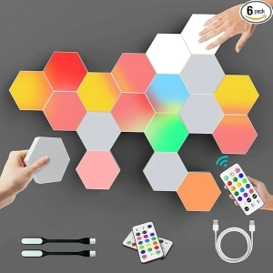 Hexagon Lights, RGB Hexagon Wall Lights with Remote, Smart Hexagonal Wall Panels, Touching LED Wall Lights with USB-Power, Splicing DIY Color-Changing Gaming Lights Used in Gift, Bedroom Decor-6 Packs