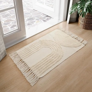 Uphome Boho Bathroom Rug 2' x 3', Small Abstract Kitchen Rugs with Tassels, Beige Washable Front Door Mat, Cotton Woven Aesthetic Tufted Throw Rug for Bedroom Entryway Laundry Living Room