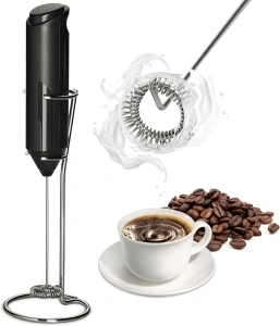 InfiniPower Milk Frother Handheld with Stainless Steel Stand, Battery Operated Whisk Maker Hand Drink Mixer for Lattes, Coffee, Cappuccino, Matcha, Black