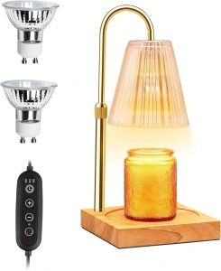 Candle Warmer Lamp with Timer, Electric Candle Warmer for Scented Candles, Dimmable Wax Melt Warmer Lamp for Room Home Decor, Adjustable Height with 2 Bulbs (Amber)