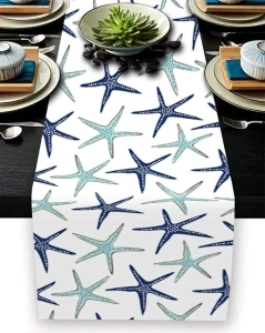 Summer Table Runner Nautical Navy Blue and Turquoise Ocean Stars Coastal Table Runner 108 Inches for Kitchen Dining Sofa End Dinner Table