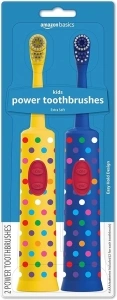 Amazon Basics Kids Battery Powered Toothbrush, 2 Count, 1 Pack (Previously Solimo), Yellow & Blue