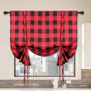 Simple Deluxe Adjustable Tie Up Shade & Curtains for Kitchen Windows, Buffalo Check Plaid Farmhouse Thermal Insulated Blackout Room Darkening Curtain, 42