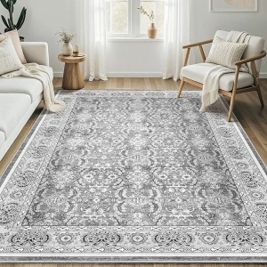 6x9 Area Rugs for Living Room: Vintage Boho Floral Print Rug, Ultra Thin Stain Resistant Washable Rug, Large Soft Non Slip Foldable Carpets for Bedroom Dining Room Office Nursery - Grey