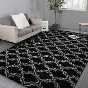 Hutha 4x6 Geometric Large Area Rugs for Living Room, Black Modern Super Soft Bedroom Carpet, Moroccan Luxury Shag Plush Fluffy Rug for Kids Nursery Girls Room Indoor Home Decor